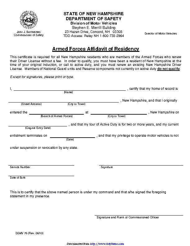 New Hampshire Armed Forces Affidavit Of Residency Form