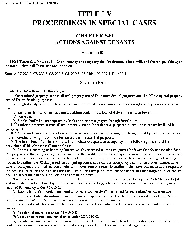 New Hampshire Chapter 540 Actions Against Tenants