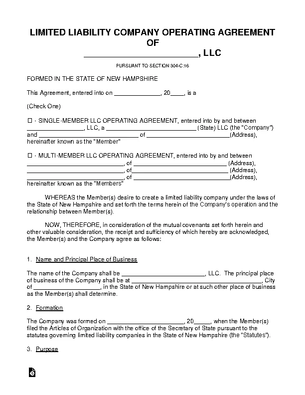 New Hampshire Llc Operating Agreement Template