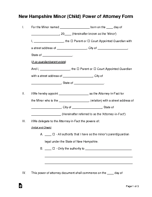 New Hampshire Minor Child Parental Power Of Attorney Template