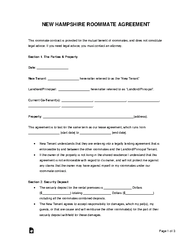New Hampshire Roommate Rental Agreement Form