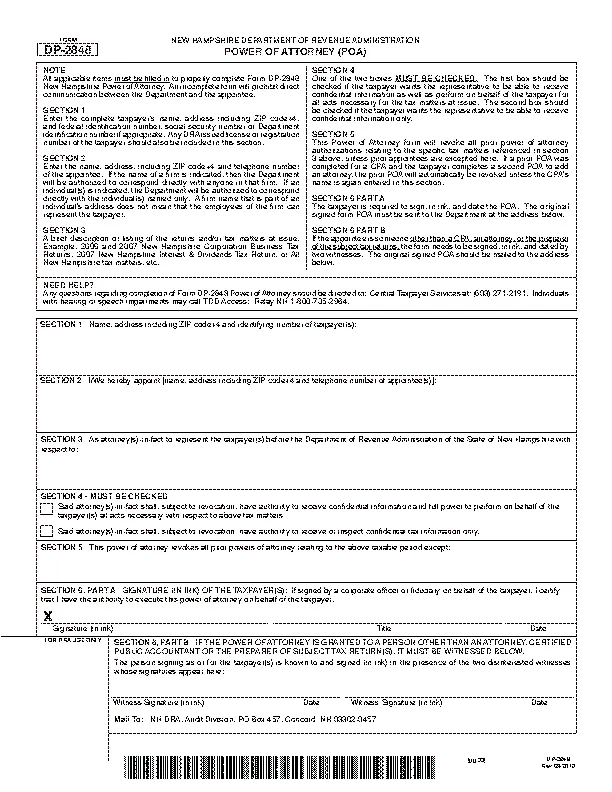 new hampshire tax dept of revenue poa form dp 2848 - PDFSimpli