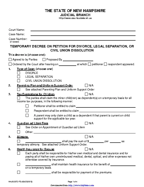 New Hampshire Temporary Decree On Divorce Or Legal Separation Form