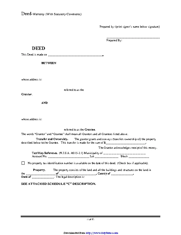 New Jersey Deed Warranty With Statutory Covenants PDFSimpli