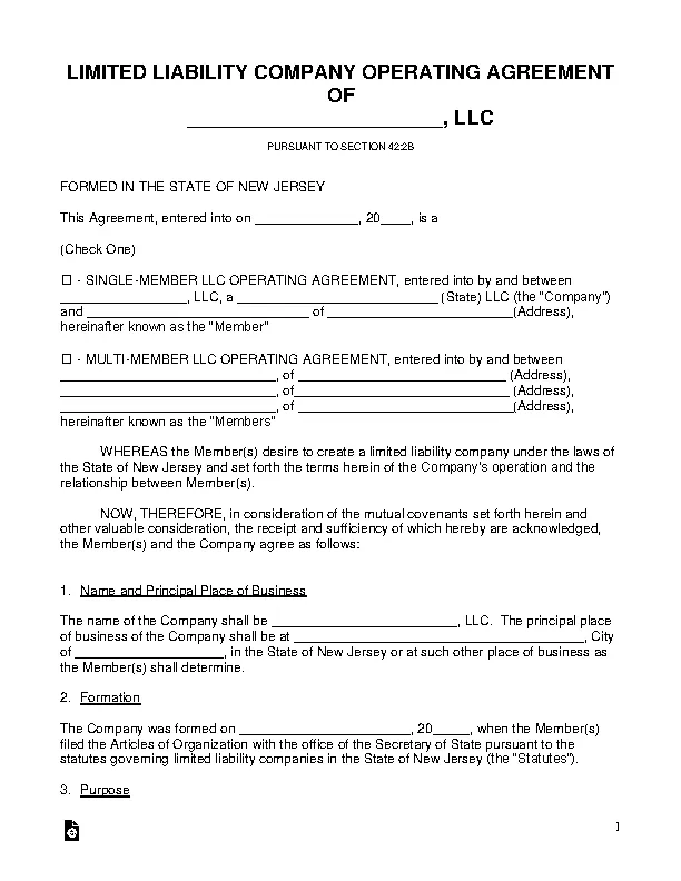 New Jersey Llc Operating Agreement Template