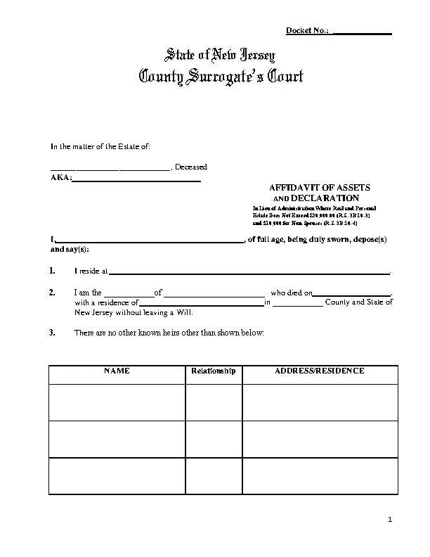 New Jersey Small Estate Affidavit Form