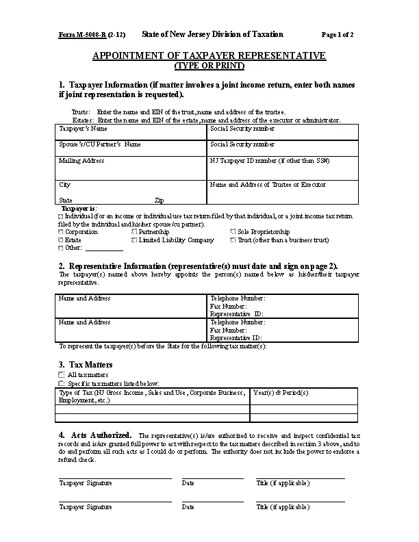 New Jersey Tax Power Of Attorney Form M5008R