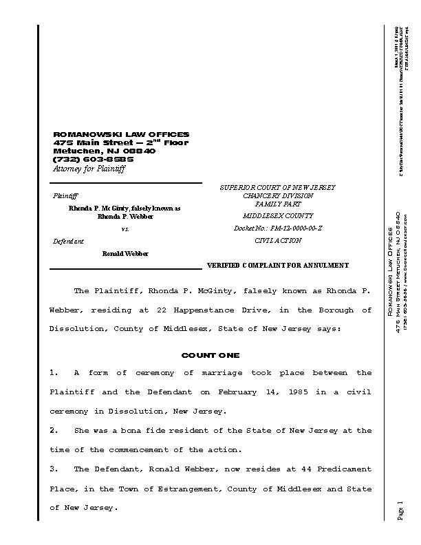 New Jersey Verified Complaint For Annulment Sample PDFSimpli