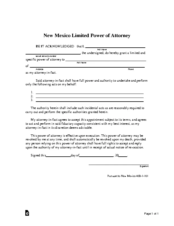 New Mexico Limited Power Of Attorney