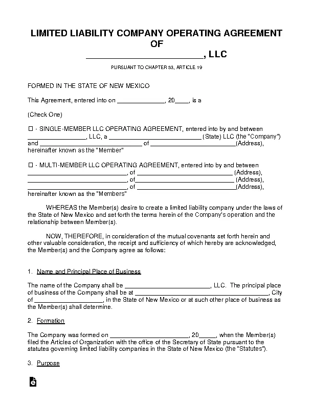 New Mexico Llc Operating Agreement Template