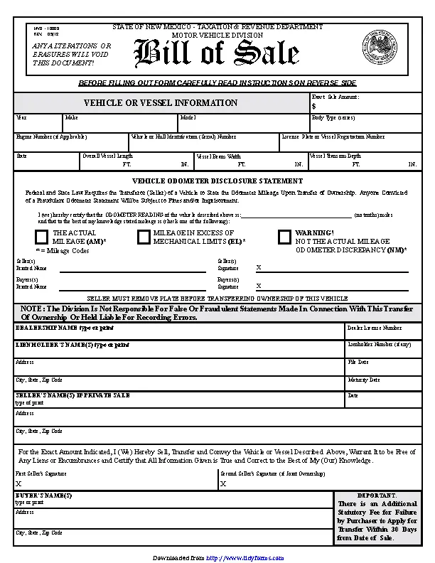 New Mexico Motor Vehicle Bill Of Sale Form Pdfsimpli 6811