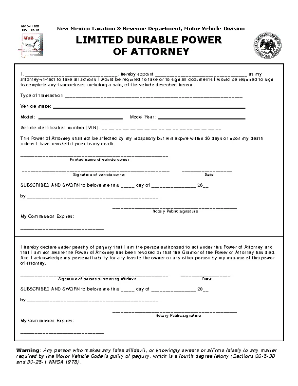 New Mexico Motor Vehicle Power Of Attorney Mvd11020