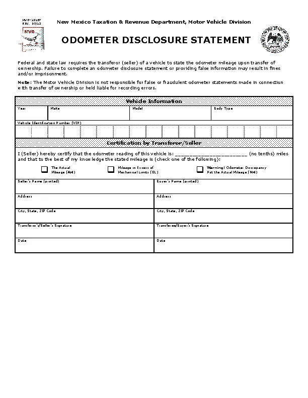New Mexico Odometer Dislcosure Statement Form Mvd10187