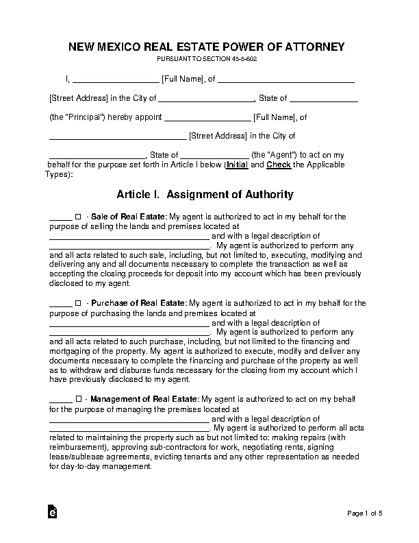 New Mexico Real Estate Power Of Attorney Form