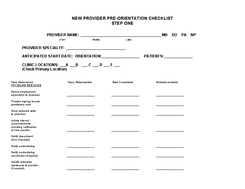 New Physician Orientation Checklist Word Doc Download