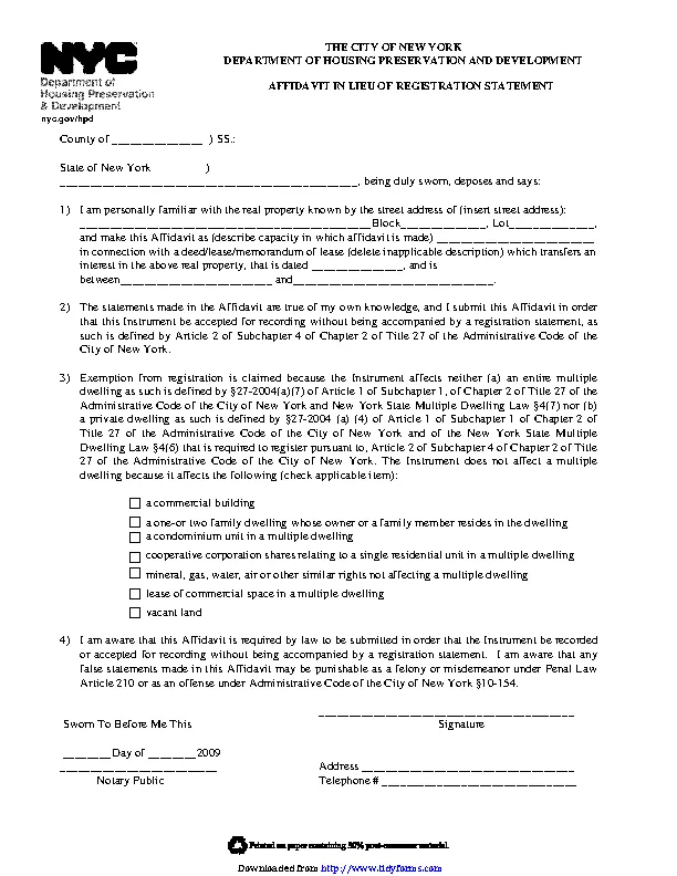New York Affidavit Lieu Of Registration Statement