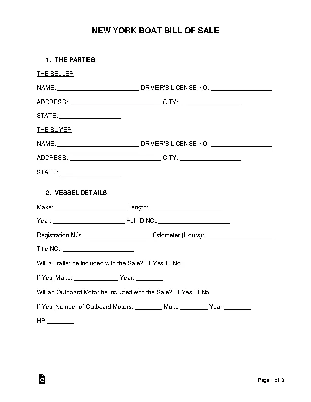 New York Boat Bill Of Sale