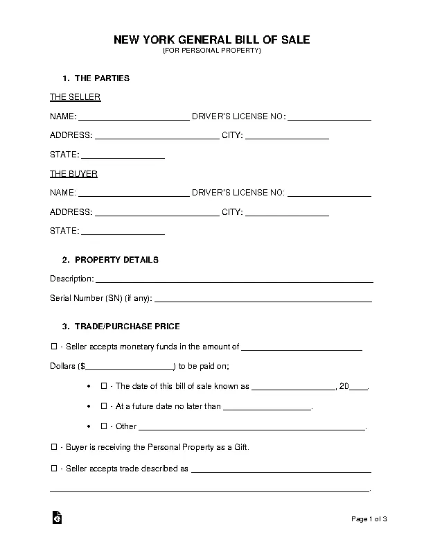 New York General Personal Property Bill Of Sale