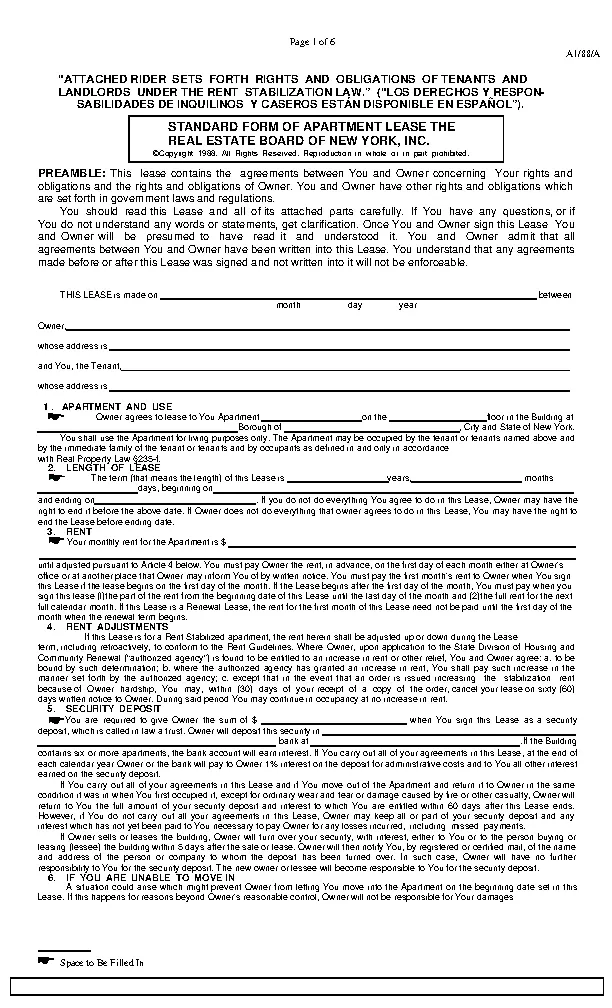 New York Real Estate Board Residential Lease Agreement