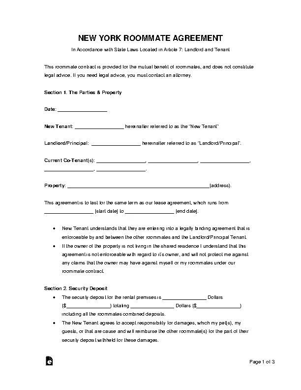 New York Roommate Agreement Template