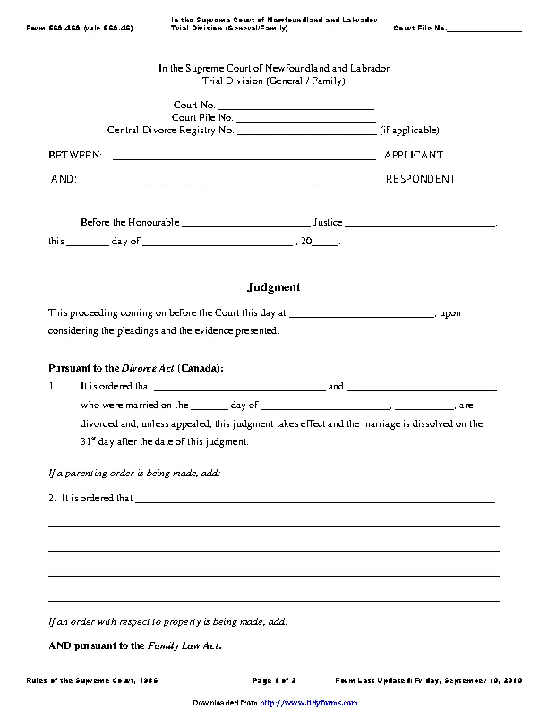 Newfoundland And Labrador Judgment Form PDFSimpli