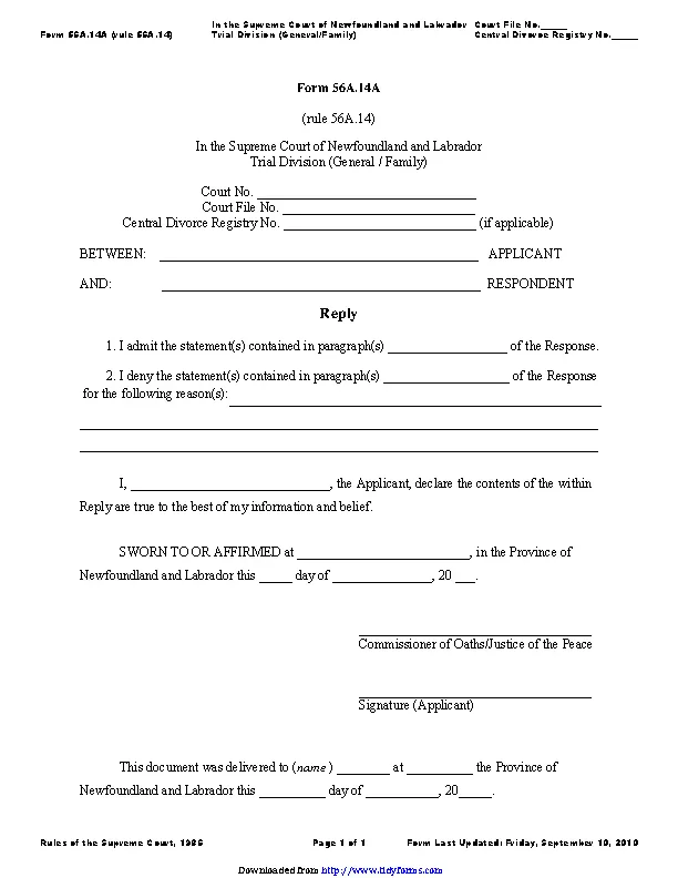 Newfoundland And Labrador Reply Form - PDFSimpli