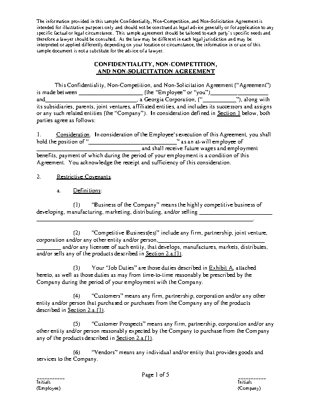 Non Compete Agreement Form 1