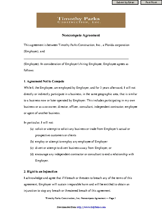 Non Compete Agreement Sample 1