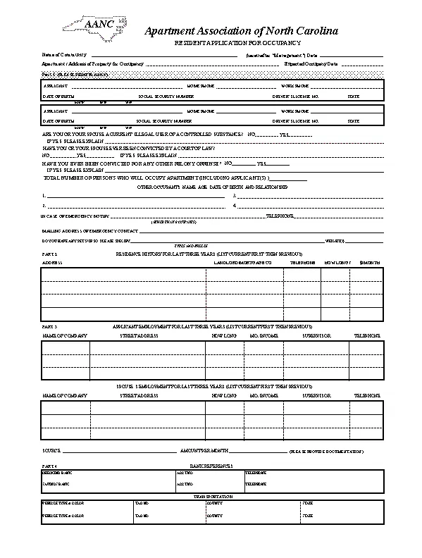 North Carolina Apartment Association Rental Application