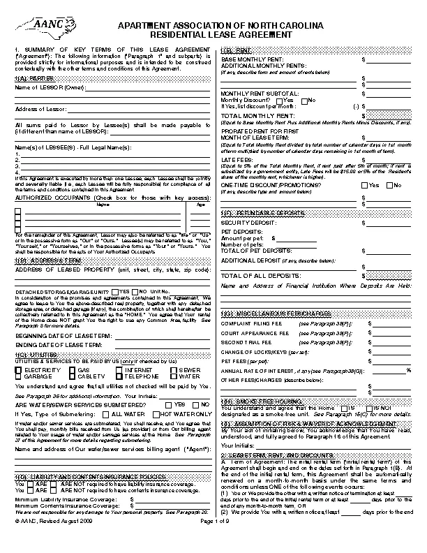 North Carolina Apartment Association Residential Lease Agreement Form