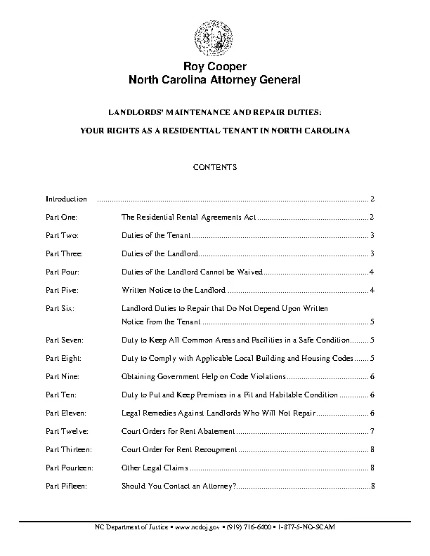 North Carolina Attorney General Landlord Tenant Booklet