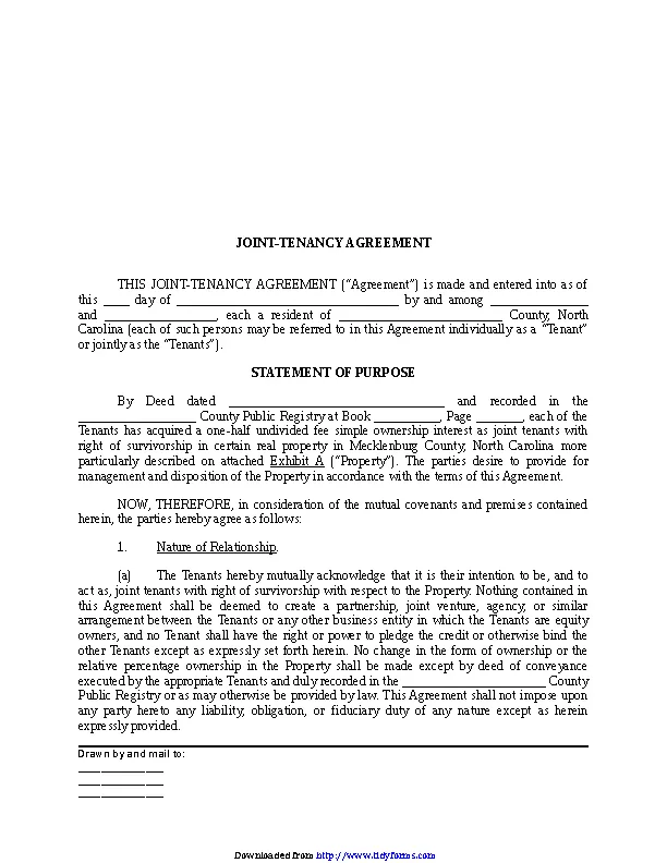 North Carolina Joint Tenant Agreement Form PDFSimpli