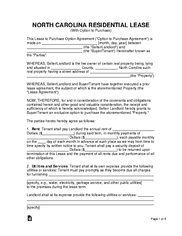 North Carolina Lease With Option To Purchase Form