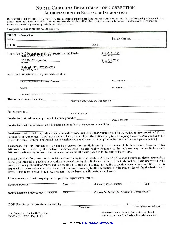 North Carolina Medical Records Release Form 1 - PDFSimpli