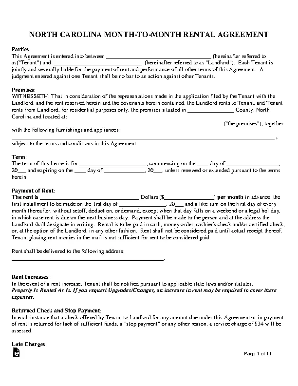 North Carolina Month To Month Rental Agreement Form PDFSimpli
