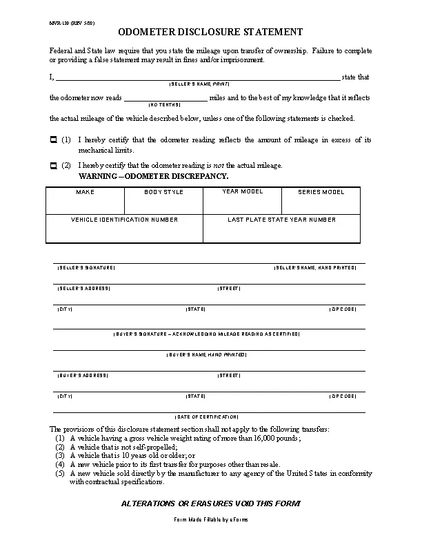 North Carolina Odometer Disclosure Statement Form Mvr180 - Pdfsimpli