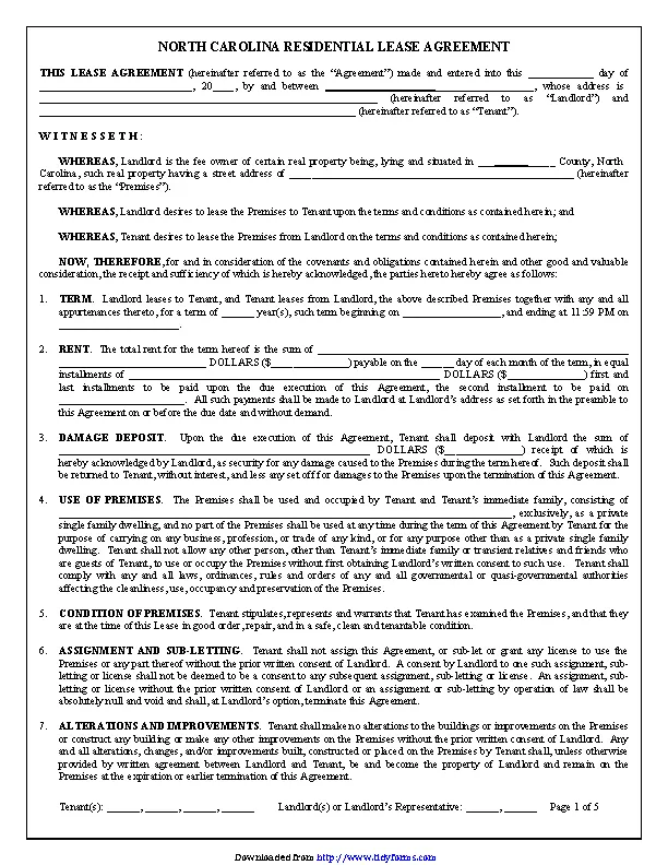 north carolina residential lease agreement template pdfsimpli