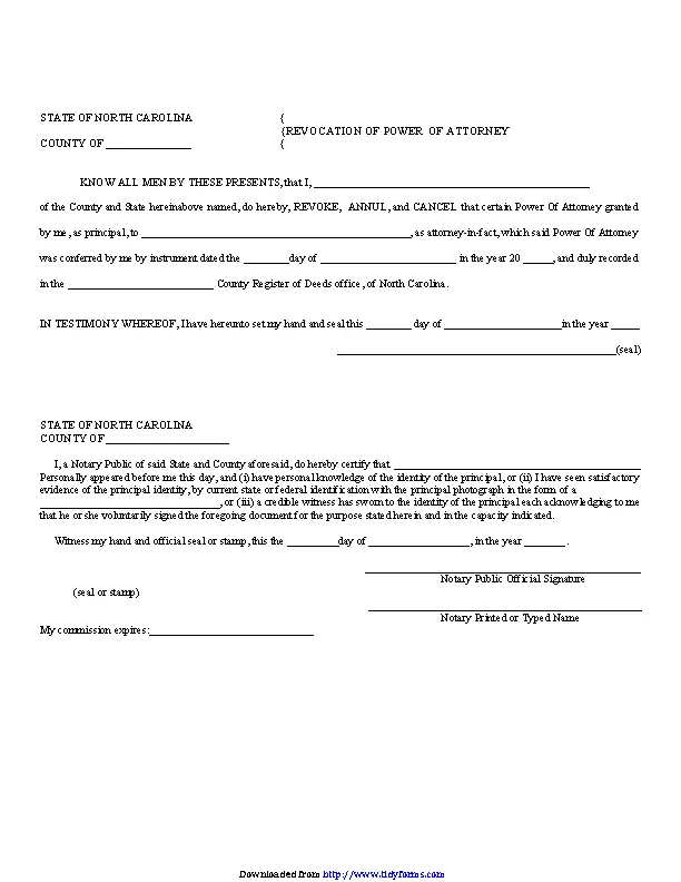 North Carolina Revocation Power Of Attorney Form - PDFSimpli