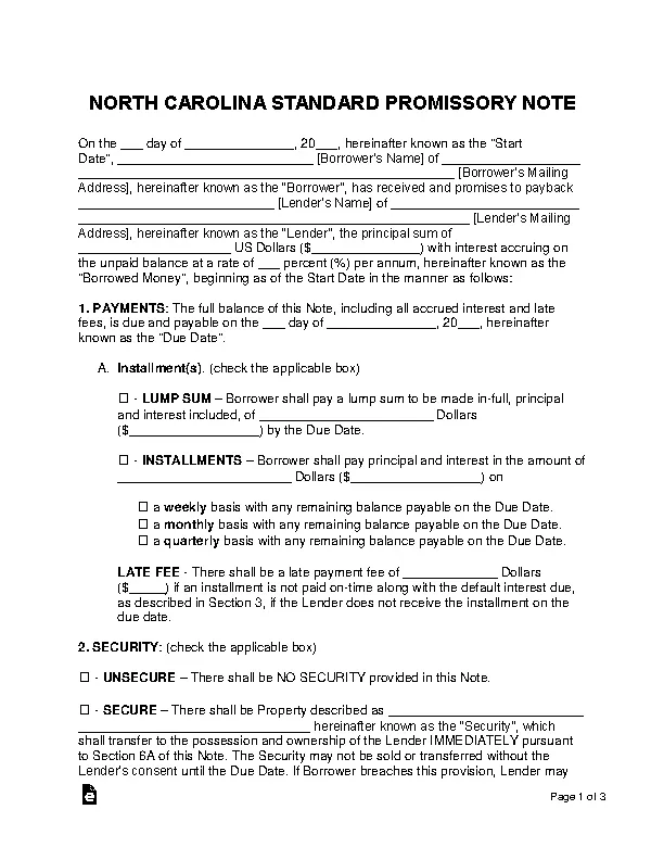 North Carolina Standard Promissory Note Template