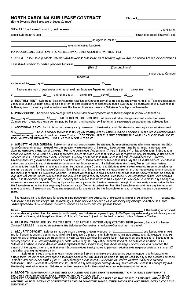 North Carolina Sublease Contract Form