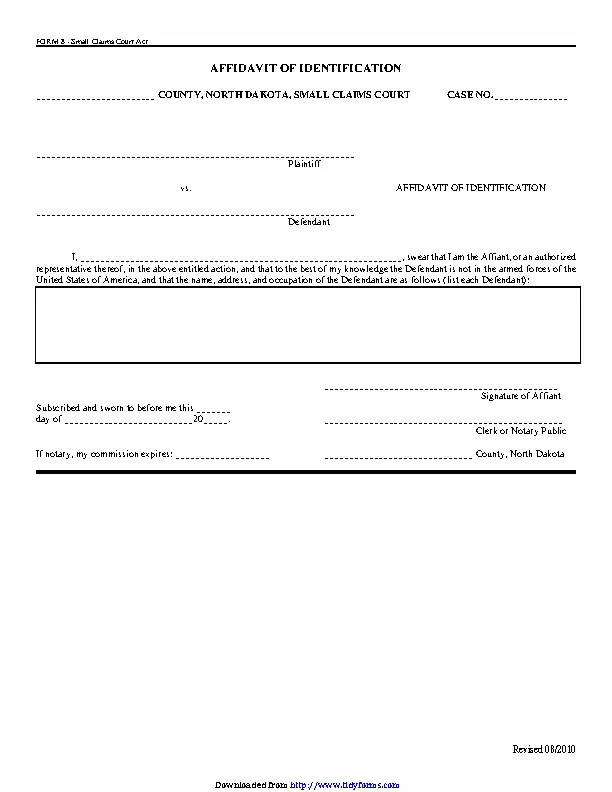 North Dakota Affidavit Of Identification Form PDFSimpli