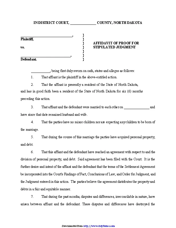 North Dakota Affidavit Of Proof For Stipulated Judgment Form Pdfsimpli 9453