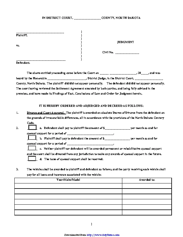 North Dakota Judgment Form - PDFSimpli