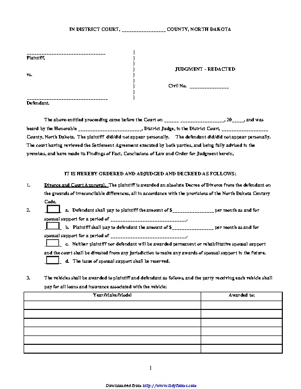 North Dakota Judgment Redacted Form - PDFSimpli