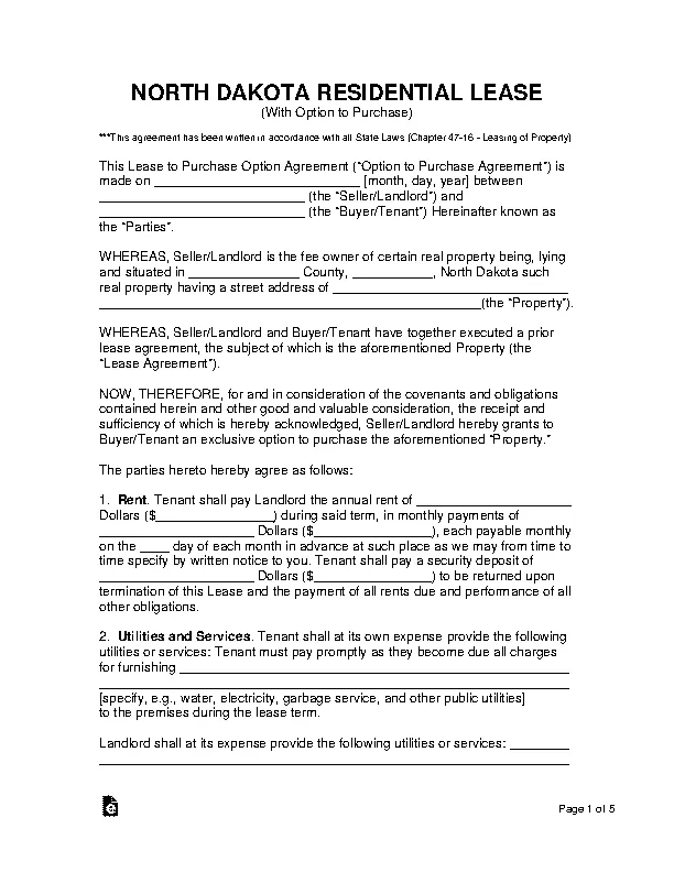 North Dakota Lease With Option To Buy Agreement Form