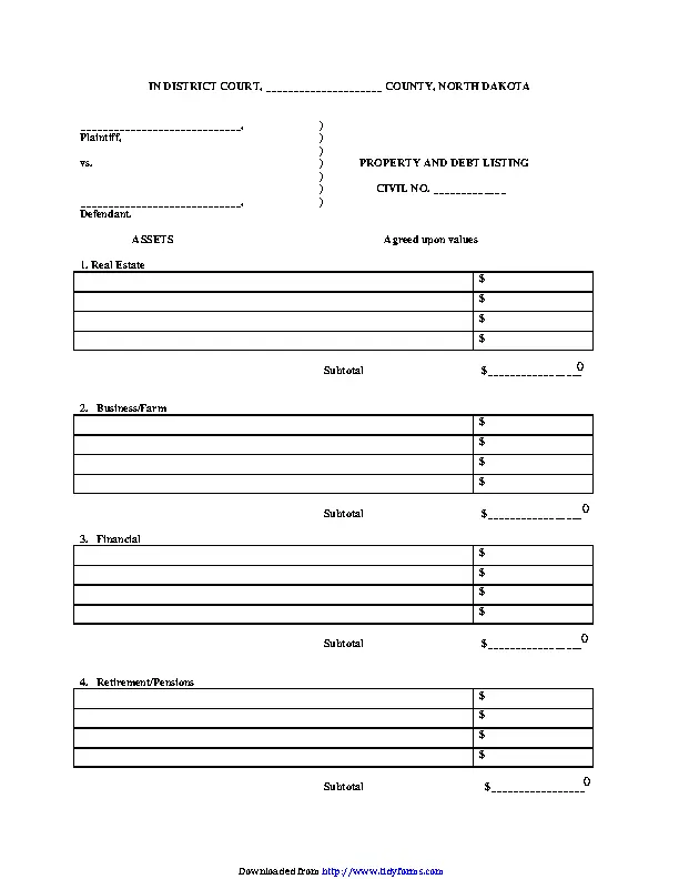 North Dakota Property And Debt Listing Form PDFSimpli