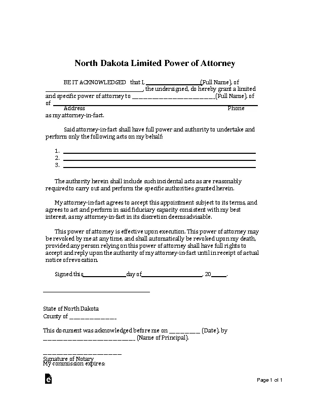 Northdakota Limited Power Of Attorney