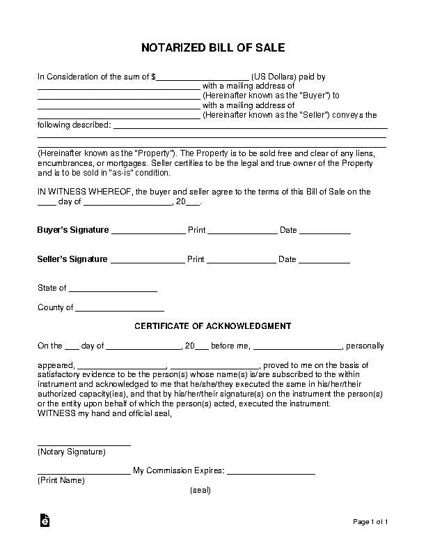 Notarized Bill Of Sale Form PDFSimpli