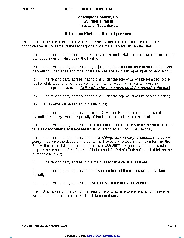 Nova Scotia Hall And Or Kitchen Rental Agreement Form PDFSimpli
