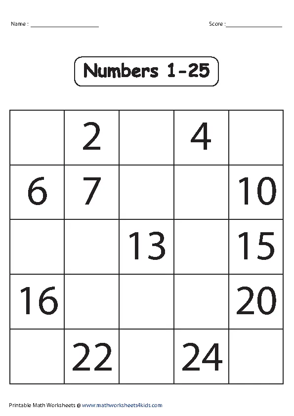 Numbers 1 25 Missing Numbers Worksheet Template - PDFSimpli
